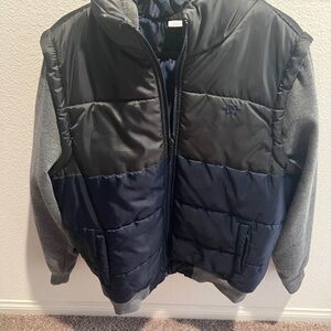 Black and Navy Puffer Vest with Gray Sleeves